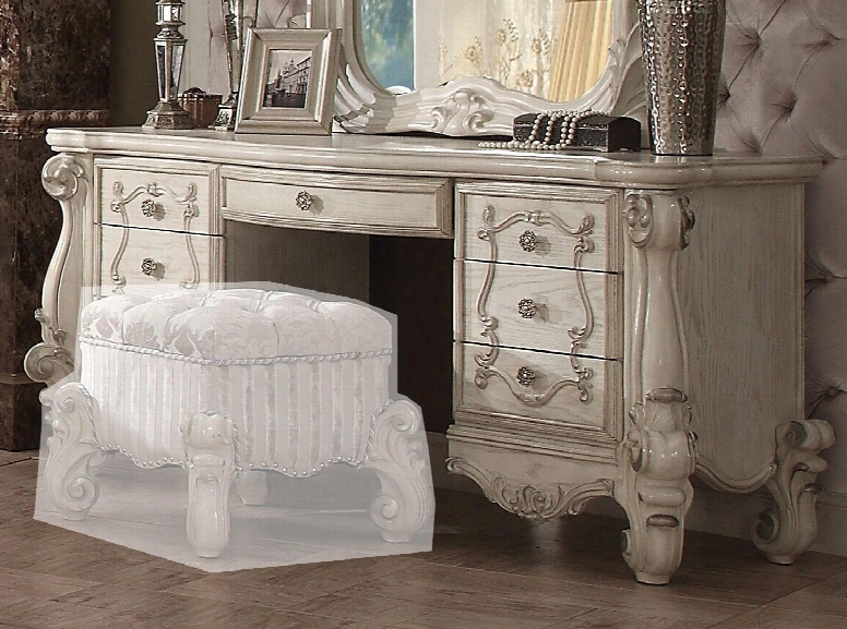 Versailles 21137 67" Vanity Desk With 7 Drawers European Design Carved Scrollwork Antique Decotative Metal Hardware In Bone White Veneer