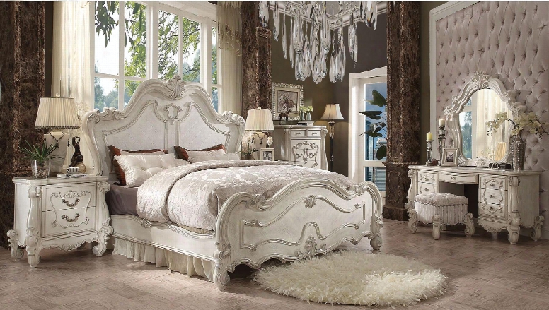 Versailles Collection 21150q7set 7 Pc Bedroom Set With Queen Size Bed + Mirror + Chest + 2 Nightstands + Vanity Desk + Vanity Stool In Bone White