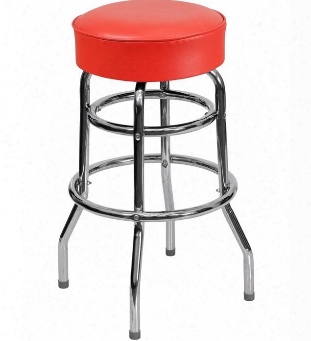 Xu-d-100-red-gg Double Ring Chrome Barstool With Vinyl Upholstery Swivel Seat 18 Gauge Steel Construction And Plasyic Floor Glides In