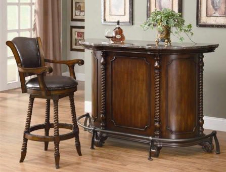 100678 Bar Unit And Bar Stool With Distressed Detailing Molding Detail And Wine Rack In Warm Brown Cherry