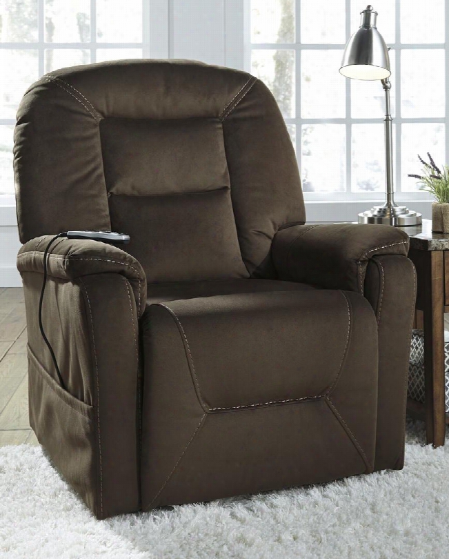 2080112 Samir 36.5" Power Lift Recliner With Remote Control Heat-and-massage Element Jumbo Stitching Crescent Back Design And Fabric Upholstery In Coffee