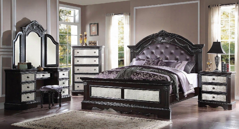 20917ek5pc Athena Silver 5 Pc Bedroom Set With Eastern King Size Bed + Nightstand + Chest + Vanity + Stool In Espresso