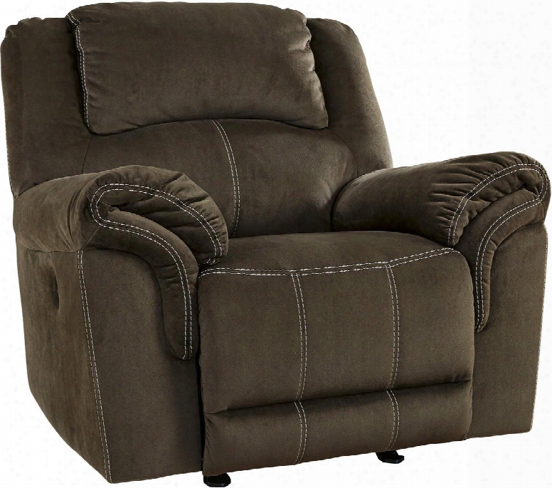 9570198 Quinnlyn 43" Power Rocker Recliner With Jumbo Stitching Metal Frame And Fabric Upholstery In Coffee