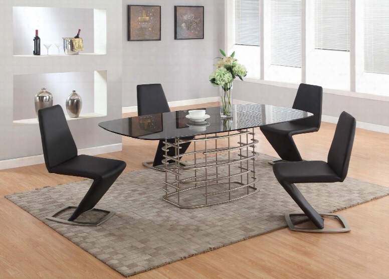 Abby-5pc-blk Abby Dining 5pc Set - Grey Tempered Smoke Racetrack-oval Glass Table With 4 Black "z" Shaaped Side