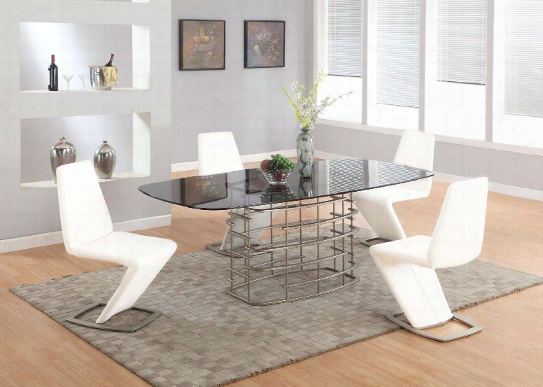 Abby-5pc-wht Abby Dining 5pc Set - Grey Tempered Smoke Racetrack-oval Glass Table With 4 White "z" Shaped Side