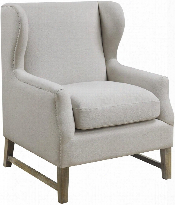 Accent Seating 902490 32.75" Accent Chair With Wing Back Design Hand Placed Silver Nail Heads Mid-century Design And Fabric Upholstery In Beige