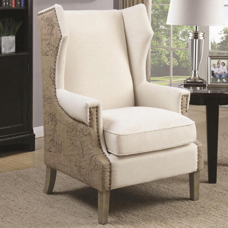 Accent Seating 902491 32.75" Accent Chair With Wing Back Design Vintage Map Print Bronze Nail Head Trim And Fabric Upholstery In Beige