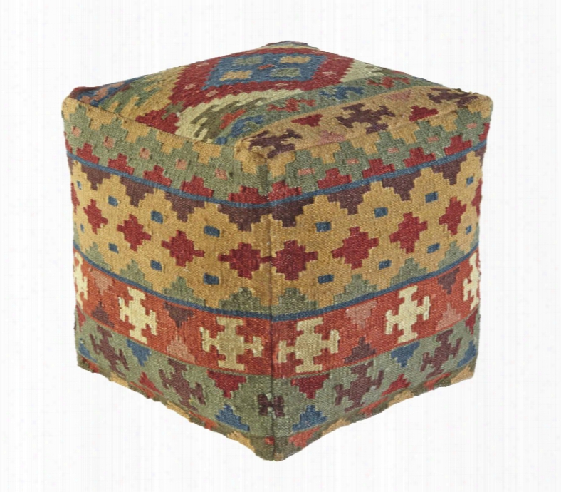 Adolfo A1000208 19" Pouf Ottoman With Patchwork Kilim Pattern Traditional Style Wool Cover And Eps Bead Filling In