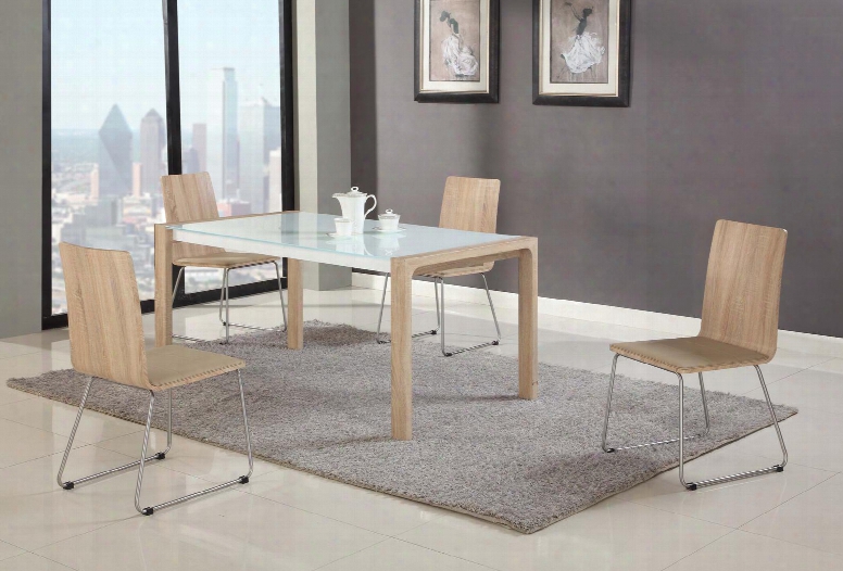 Alicia-5pc-bge Alicia Dining 5 Piece Set - White Starphire Glass Butterfly Leaf Extendable Dining Table With Light Oak Legs And 4 Beige/lite  Oak Wood Panel