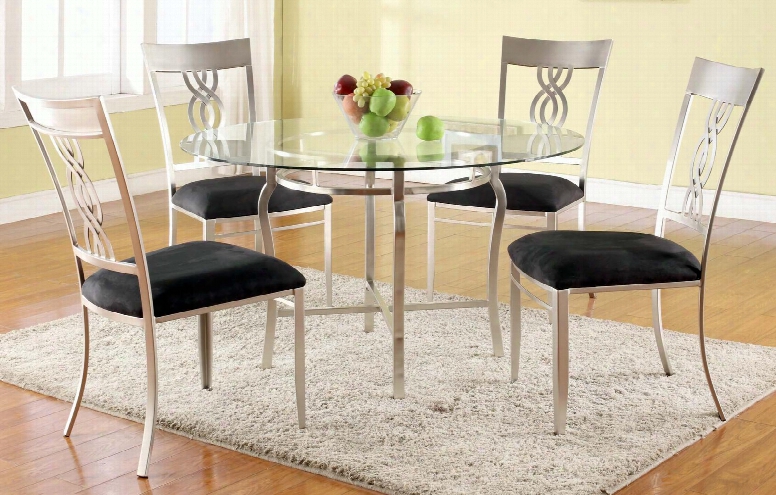 Angelina-5pc Angelina Collection 5 Piece Set - 48" Round Clear Glass Dining Table With 4 Black Microfiber Braided Back Side