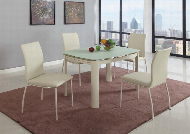 Anna-5pc Anna Dining 5 Piece Set - Beige/ Frosted Glass Self-storing Extension Dining Table With 4 Beige Contour Back Side