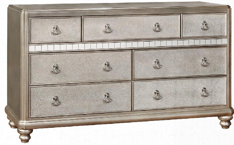 Bling Made Of ~ 204183 65.5" Dresser With 7 Drawers Stacked Bun Feet Mirror Accents Felt Lined Top Drawer And Silver Ring Pulls In Metallic Platinum