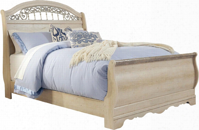 Catalina B196-74/77/96 Queen Sleigh Bed Wiith Leaf Appliques Replicated Chetsnut Grain And Faux Stone Details On Footboard Top In Antique