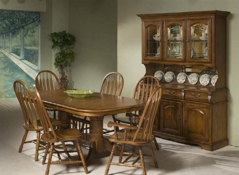 Classic Oak Co-ta-i42963050-bru-c Dining Room Solid Oak Trestle And China Cabinettable With Pedestal Base Distressing Detailing In Burnished Rustic