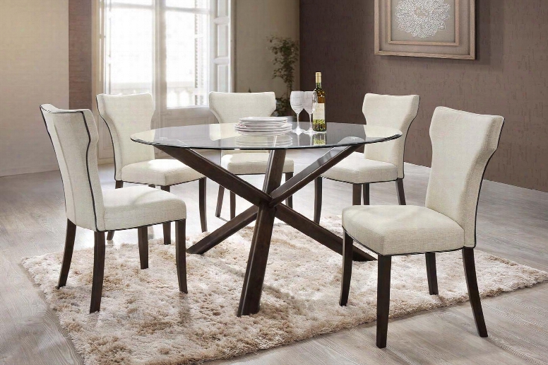 Davis-5pc-set Davis Davis-5pc-set - 54" X 54" Clear Glass Dining Table And Tripod Solid Rubber Wood Base With 4 Beige Fabric "t" Shape Back Side