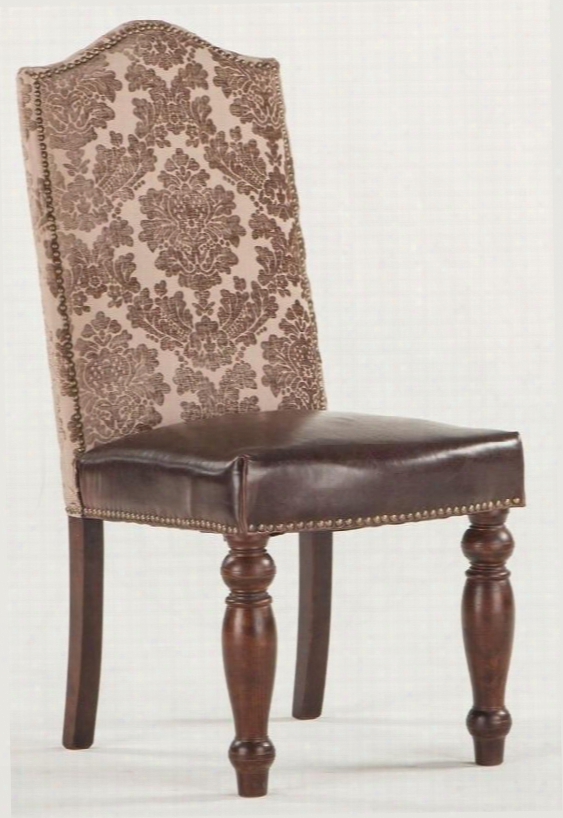 Emilia Zwei63ar 20" Dining Chair With Nail Head Trim Brown Leather Seat Upholstery And Fabric Upholstered Back In Acanthus Rose