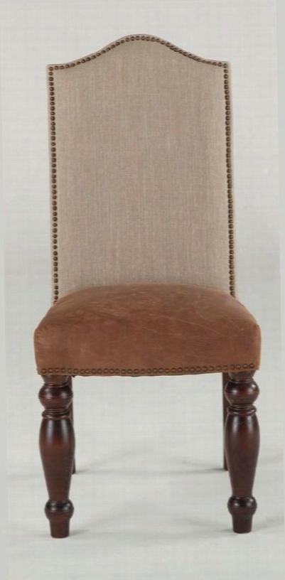 Emilia Zwei63blal 20" Dining Chair With Decorative Nail Head Trim Beige Fabric Upholstered Back And Top Grain Leather Seat Upholstery In Brown