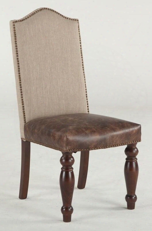 Emilia Zwei63tldl 20" Dining Chair With Nail Head Trim Tan Linen Upholstered Back And Distressed Brown Leather Seat Upholstery In Brown