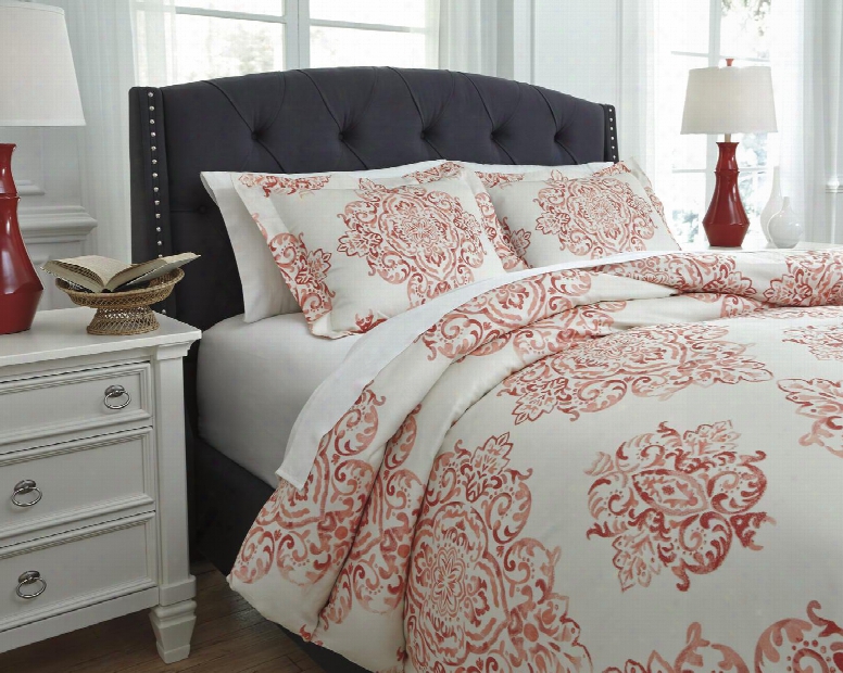 Fairholm Q728033k 3 Pc King Size Duvet Cover Set Includes 1 Duvet Cover And 2 Standard Shams With Medallion Design And 200 Tc. Cotton Material In Coral