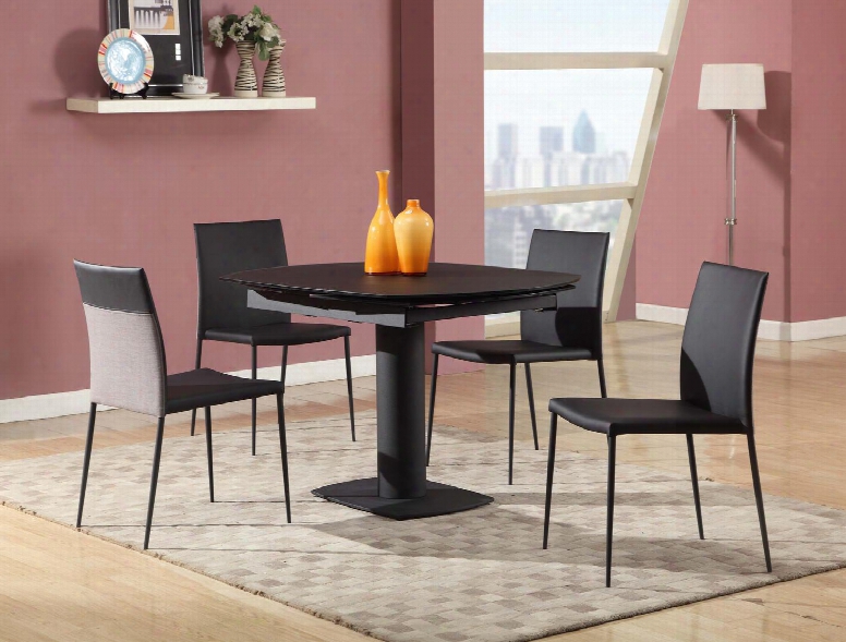 Grace-5pc-blk Grace Dining Grace Black 5 Piece Set - Acid Frosted Black Glass Motion Extension Fingerprint Proof Dining Table With 4 Two Tone Side