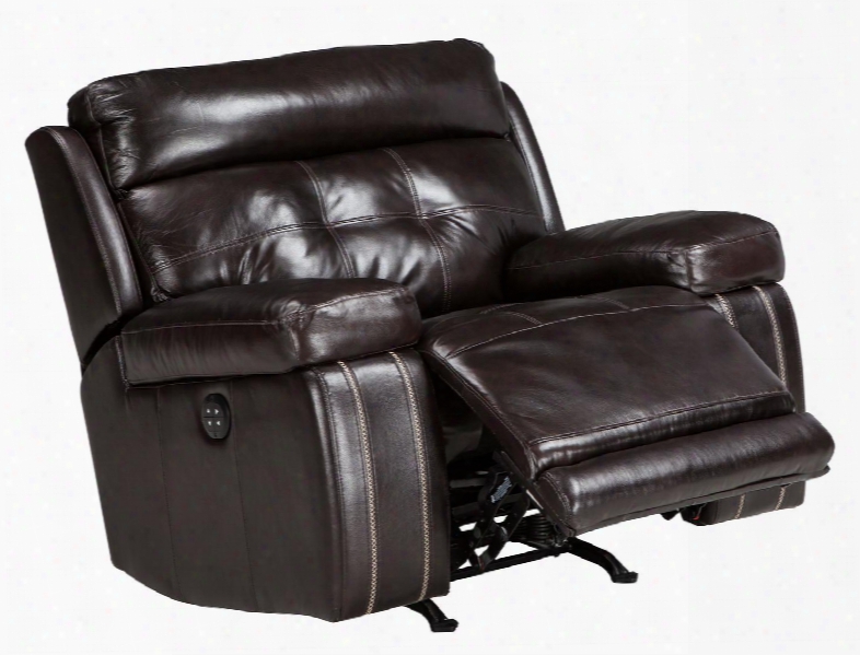 Graford 6470213 42.5" Power Recliner With Adjustable Headrest Tufted Detailing Jumbo Stitching And Leather Upholstery In Walnut