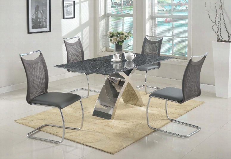 Ingrid-nadine-5pc Ingrid Dining 5 Piece Set - Rectangular Polished Blue Pearl Granite Dining Table With 4 Grey Meshed Back Cantilever Side