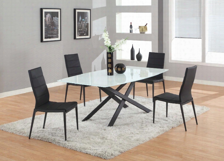 Jackie-5pc-blk Jackie Dining 5 Piece Set - Temp Ered Starphire Super White Glass Table Top / Black Metal "x" Shaped Table Legs With 4 Black Pu Stitched-back