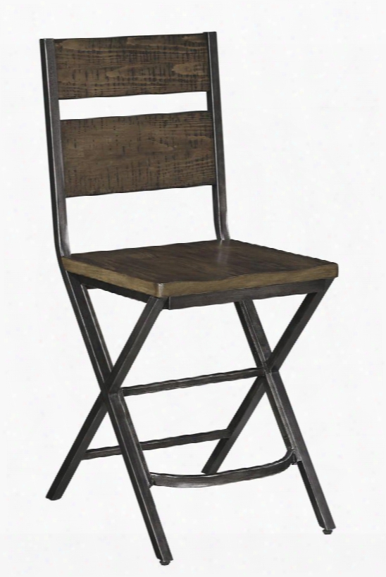 Kavara D469-124 43" Counter Height Bar Stool With Crisscross Metal Leg Design Shaped Foot Rest Wide Slat Ladder Back Pine Veneers And Hardwood Solids