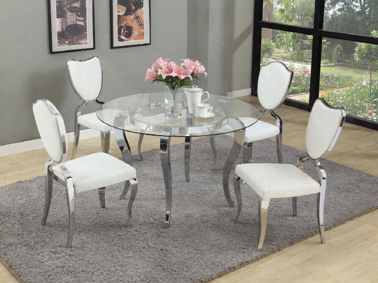 Letty-fem48-lacey Letty Dining Mirror Top 5pc Set - 48" Round Mirror Glass Dining Table With 4 White Heart Back Cabriole Designed Legs