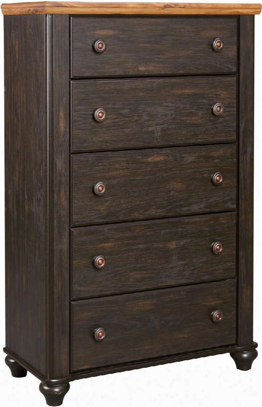 Maxington B220-46 35" 5-drawer Chest With Replicated Dry Cherry Top Worn Through Paint Details And Turned Bun Feet In