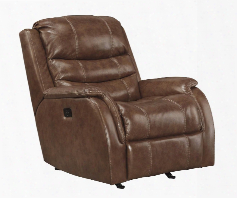 Metcalf Collection 5090313 36" Leather Match Power Rocker Recliner With Adjustable Headrest Jumbo Stitching And Split Back Design In Nutmeg