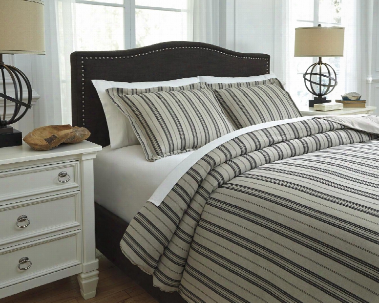 Navarre Q745013k 3 Pc King Size Duvet Cover Set Includes 1 Duvet Cover And 2 Standard Shams With Striped Design 200 Thread Count And Yarn-dyed Cotton Material