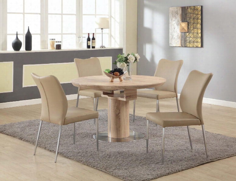 Nora-5pc-bge Nora Dining Nora 5 Piece Set With Round Wooden Dining Table And 4 Beige Curvy Back Side