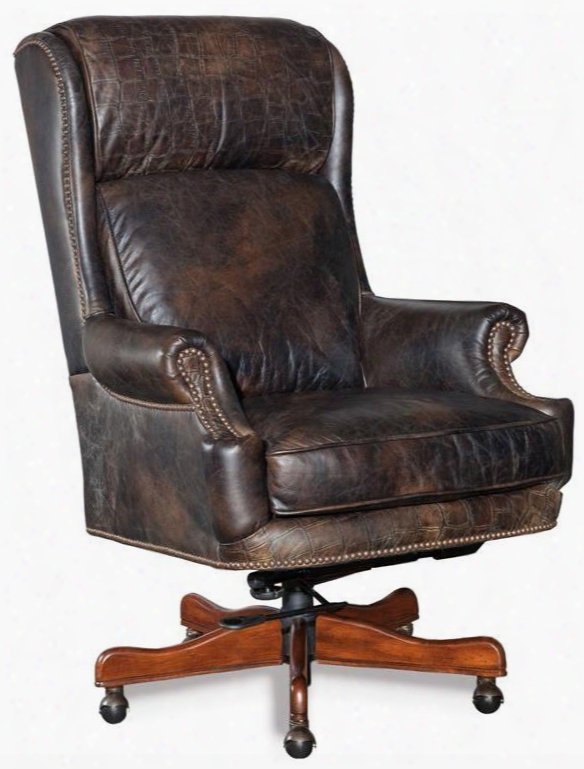 Old Saddle Series Ec378-089 50" Traditionnal-style Fudge Home Office Executive Swivel Tilt Chair With Croc Accents Split Back Cushion And Leather Upholstery In