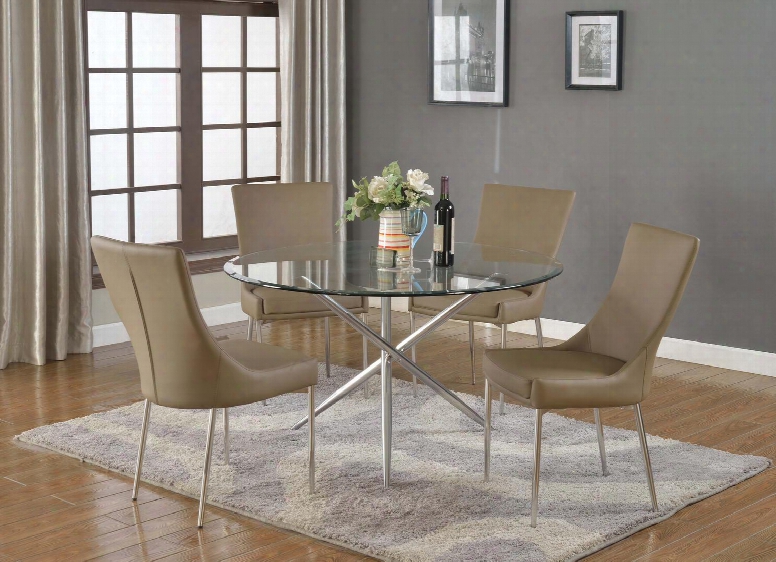 Patricia-5 Pc Patricia Dining 5 Piece Set - Round Clear Tempered Glass Table With 4 Light Brown Deigner Seat