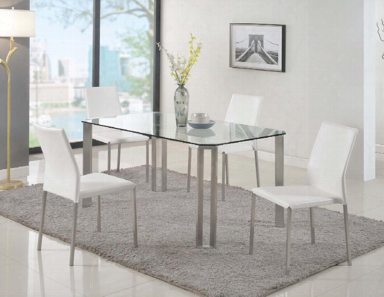 Rhonda-5pc Rhonda Dining 5 Piece Set - Cut-corner Clear-tempered Glass Table With 4 White Sleke Back Stackable Side