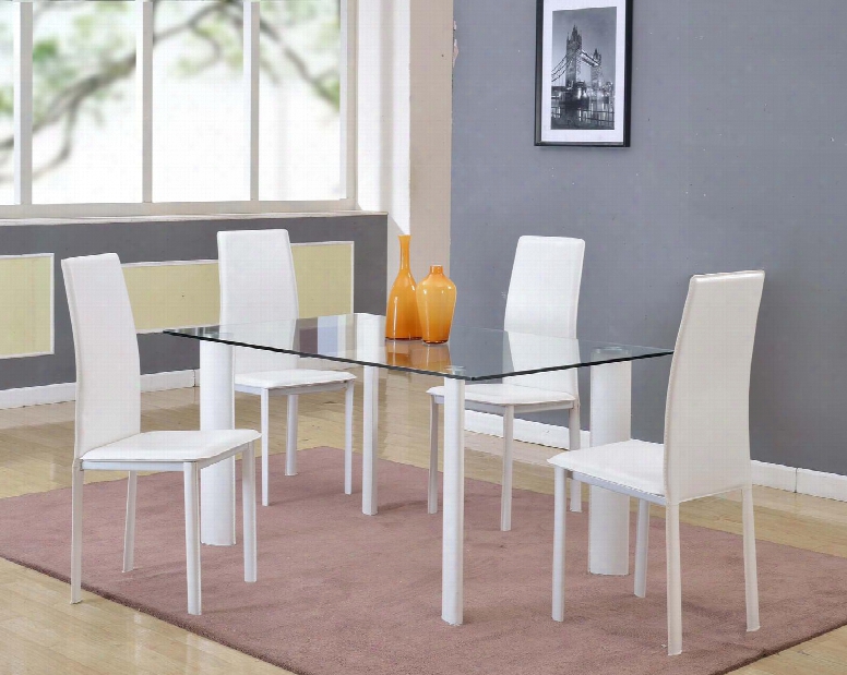 Riana-5 Pc Set Riana Dining 5 Piece Set - Clear Tempered Glass Top Table And 4 White Fully Upholstered Side