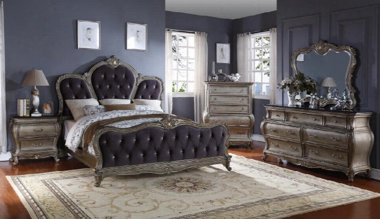 Roma Romakdmcn 5 Pc Bedroom Set With King Size Bed + Dresser + Mirror + Chest + Nightstand In Antique Silver