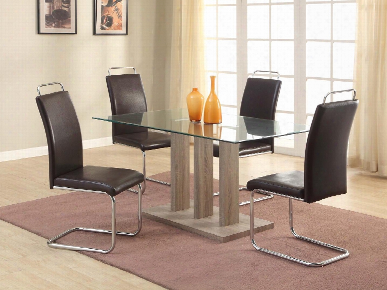 Salma-5pc Salma Dining 5 Piece Set - Tempered Clear Glass Table With 4 Brown Modern Cantilever Side Chairs With