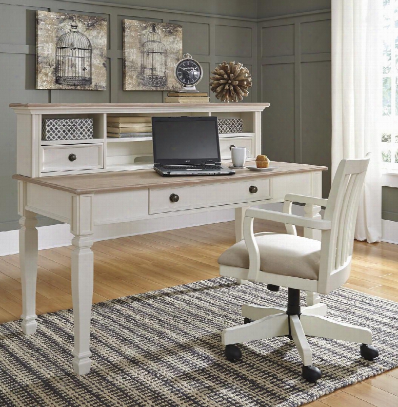Sarvanny H583444801 3 Pc Home Office Large Leg Desk + Desk Hutch + Chair In Two-tone Cream And Natural