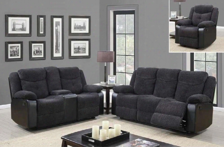 U1566jasminemouserscrlsgr 3 Piece Set Including Reclining Sofa Loveseat And Recliner In Jasmine Mouse Fabdic And Black