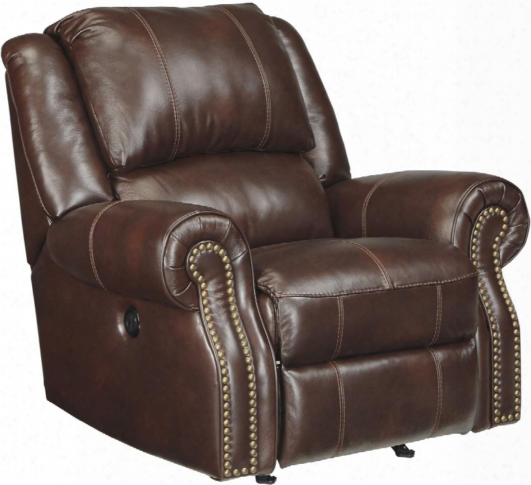 U7210098 Collinsvillle 43" Power Rocker Recliner With Jumbo Stittching Nail Head Accents Metal Construction And Leather Upholstery In Chestnut