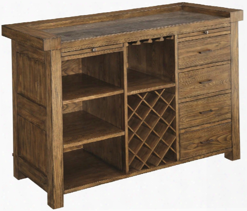 Willowbrook 106986 64" Bar Unit With 4 Drawers 2 Pull Out Trays Wine Storage Stemware Rack And Bluestone Laminate Top In Rustic Ash And Gunmetal