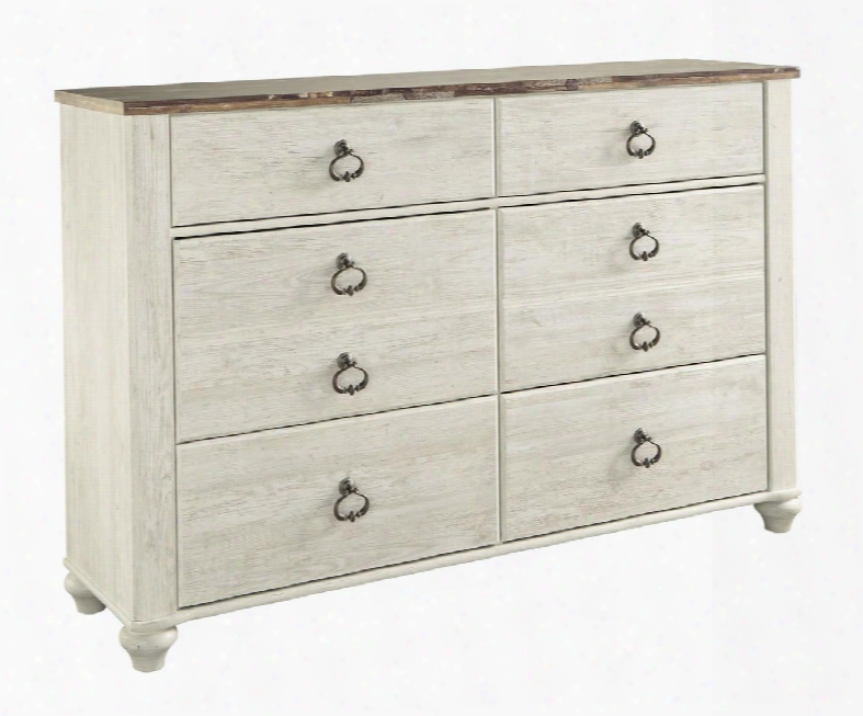 Willowton Colletion B267-31 61" 6-drawer Dresser With Side Roller Drawer Glides Ring Pull Hardware And Plank-style Top In Whitewashed Two-tone