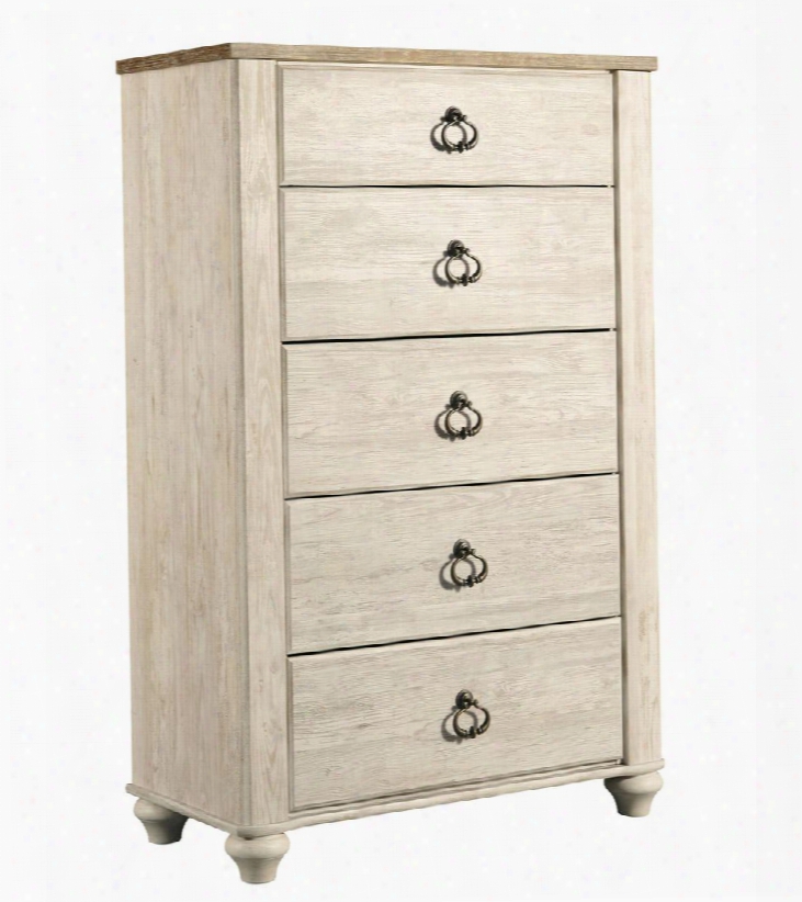Willowton Collection B267-46 34" 5-drawer Chest With Side Roller Drawer Glides Ring Pull Hardware And Plank-style Top In Whitewashed Two-tonne