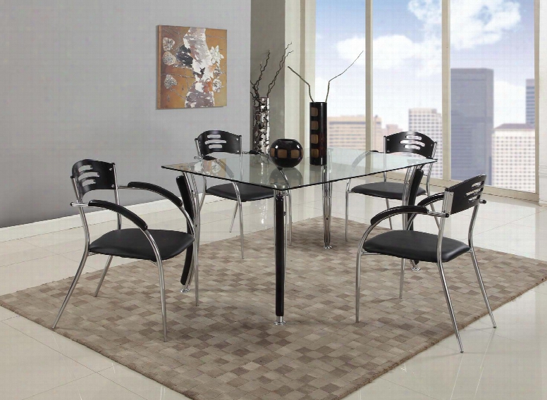 Yolanda-5 Pc Yolanda Dining 5 Piece Set - Rectangular Clear Glass Dining Table With 4 Black/chrome Solid Rubber Wood Arm