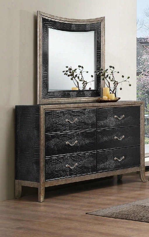 1005-10 San Juan 60" Six Drawer Dresser With Molding Detail Apron Tapered Legs And Decorative Hardware In Ebony And