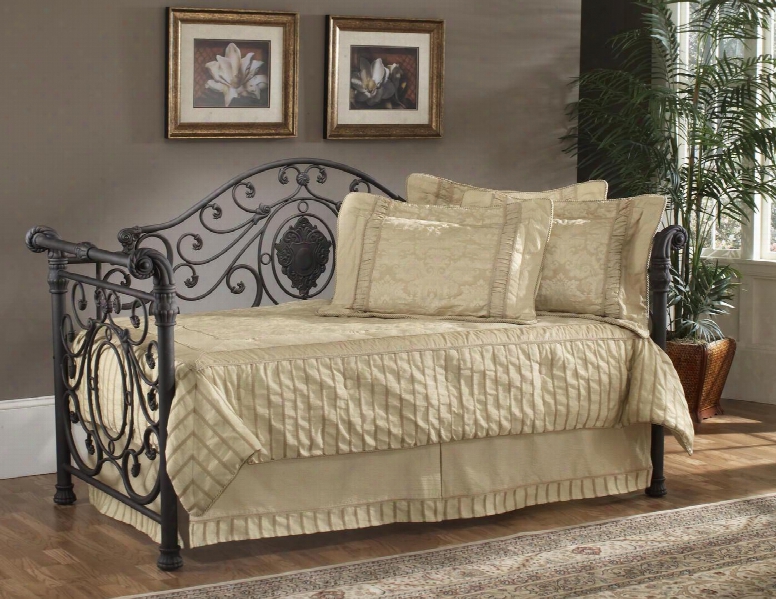 1039db Mercer Daybed With Metal Sleigh Design Large Medallion Centered In The Back And Sides Feature Intricate Scrollwork In Antique