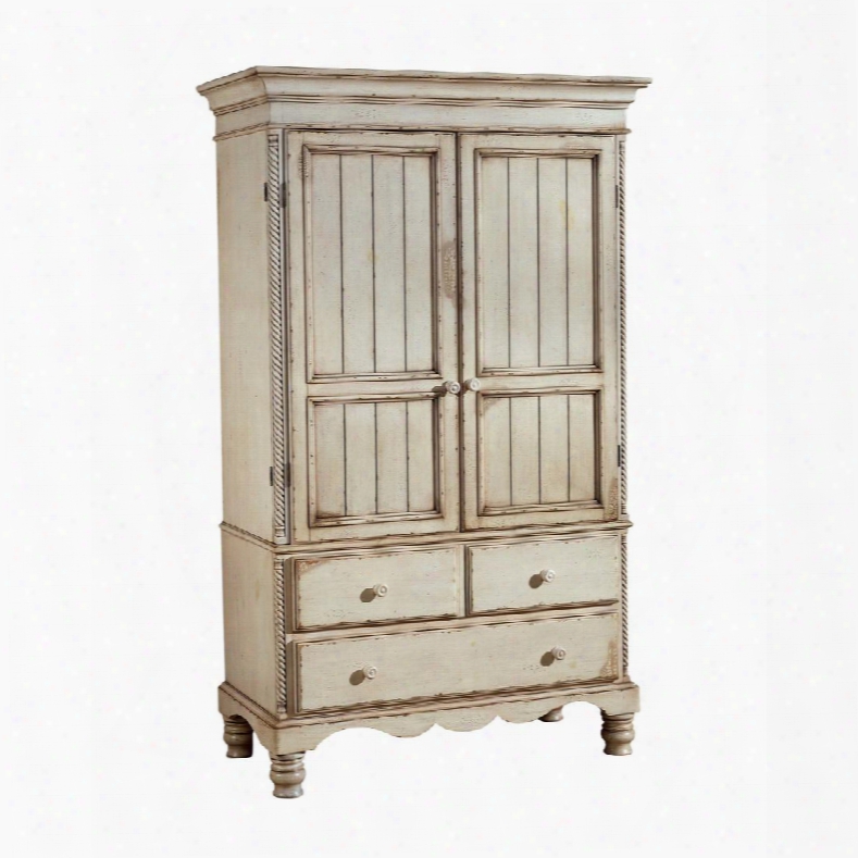 1172m Wilshire 5 0.5" Tall Armoire With 2 Doors 3 Drawers Carved Apron And Solid Pine Wood Construction In Antique White