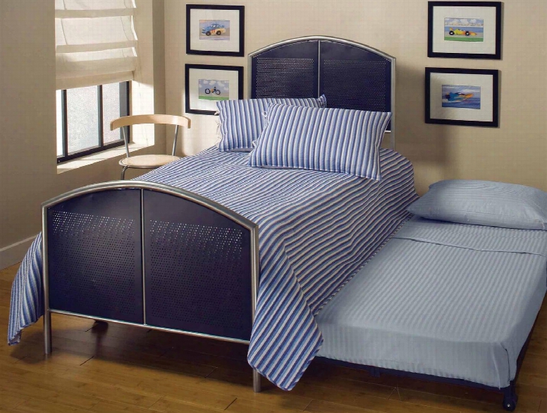 1177btwhtr Brayden Twin Size Panel Bed Set With Rails Included Roll-out Roller Mesh And Metal Construction In Silver And Navy